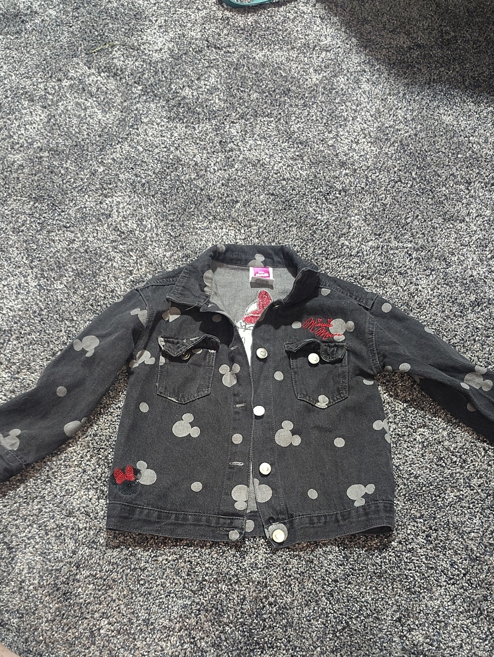 Disney Black Denim Jacket with Gray Mickey Dot Print and Red Bow Detail